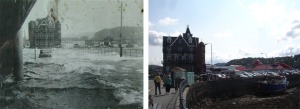 Flooding on the promenade in Oban during the 1960's.  A new coastal flood forecasting system has been developed to forecast surge and wave conditions that may lead to flooding. Images courtesy of Richard Brown (Head of Hydrology, SEPA)