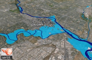 In Calgary, the rivers flooded neighbourhoods, including the downtown, leading to large economic and insured losses. SERTIT provided rapid snapshot of the flood footprint over the area of Calgary using satellite images for the insurance industries.