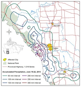 Accumulated precipitation contours showing the June 19–22, 2013 rainfall event within Alberta's Rockies and the foothills that triggered the flooding (Source: Wikipedia)