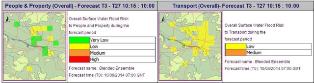 Model output showing the overall surface water flood risk to People & Property and Transport on 10th June