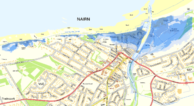 Modelled flood inundation from wave overtopping at Nairn, utilising JFlow modelling software.