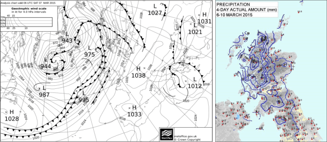 Fig 2 (left). Analysis chart for 0600UTC on Saturday 07th March 2015. Fig 3 (right). 4-day total precipitation amount from 6th to 10th March 2015