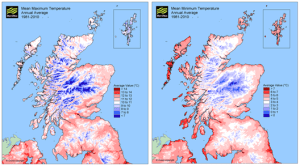 Figs 4 (left) and 5 (right). Annual average maximum and minimum temperature between 1981 and 2010.