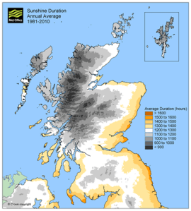 Fig. 8. Annual average sunshine duration between 1981 and 2010.