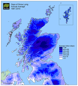 Fig 9. Annual average number of days of snow lying between 1981 and 2010.