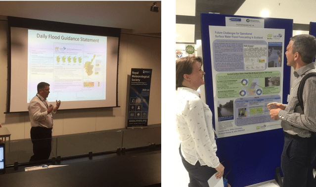 (L) Mike Cranston discusses the Flood Guidance Statement during the 'Perfecting the Weather Warnings' workshop. (R) Louise Parry discusses the SFFS poster with Steve Cole from CEH.